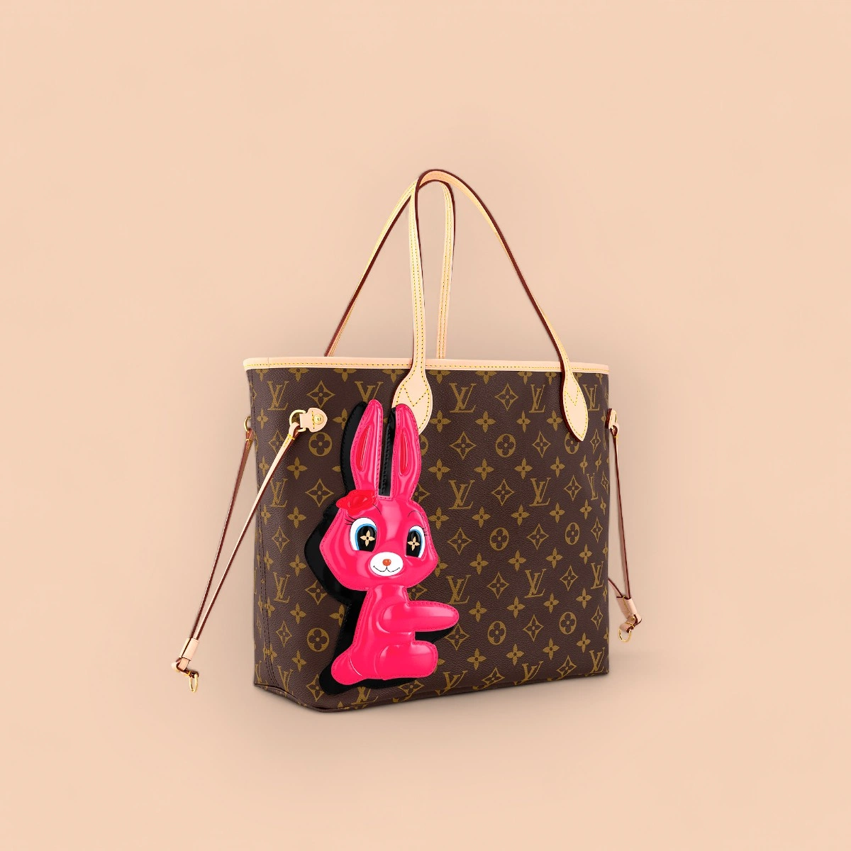LV Neverfull PM Monogram 兔子貼章 購物托特包包-M47200 23 LV Neverfull PM Monogram 兔子貼章 購物托特包包-M47200