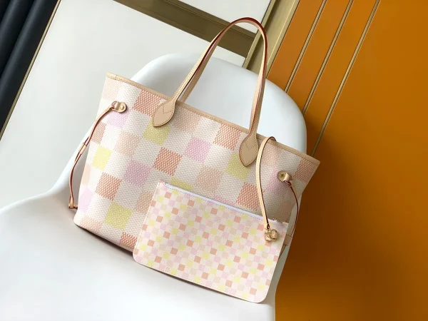 LV Neverfull MM 白色格子托特購物包包 N40668：圖片 2
