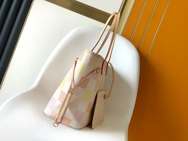 LV Neverfull MM 白色格子托特購物包包 N40668：圖片 4