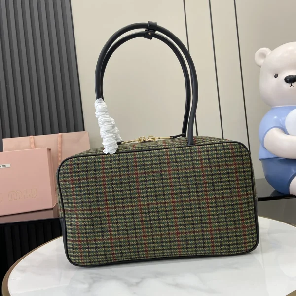 MiuMiu Beau格子呢皮革細節手挽袋-5BB163：圖片 4
