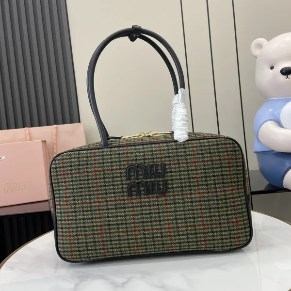 MiuMiu Beau格子呢皮革細節手挽袋-5BB163：圖片 2