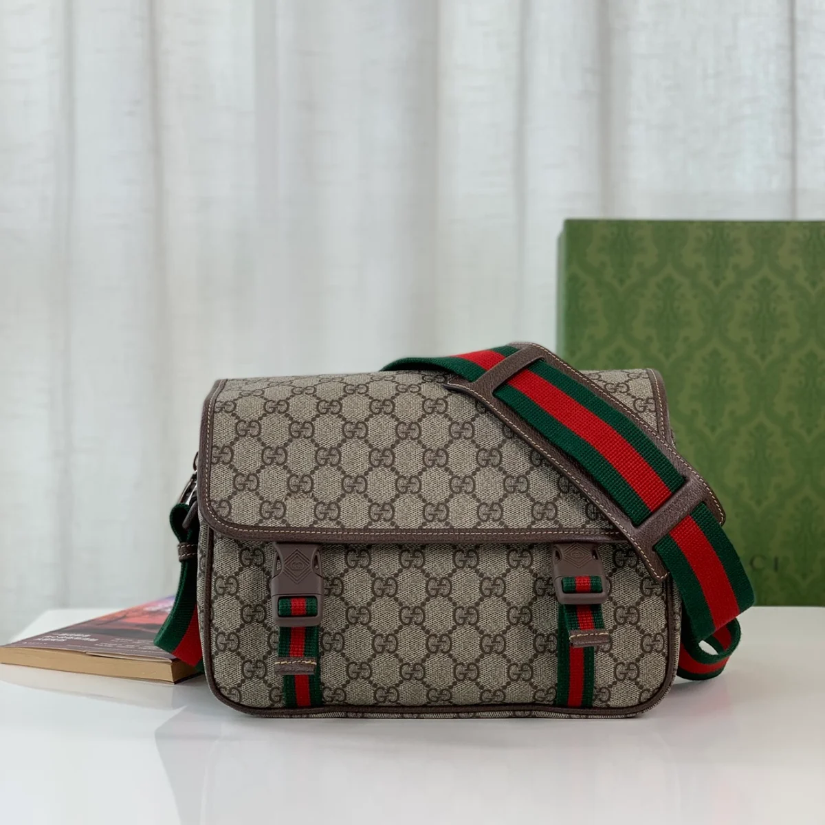 GUCCI GG Supreme中號米棕帆布斜背包-760123 2 GUCCI GG Supreme中號米棕帆布斜背包-760123