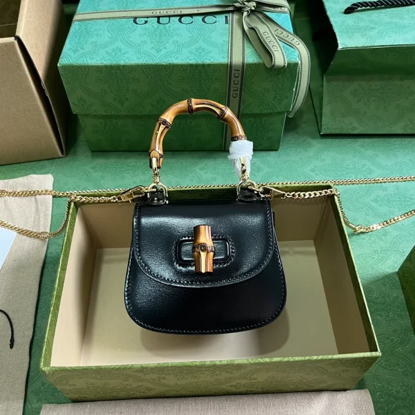 GUCCI Gucci Bamboo 1947黑色皮革手提包-760246：圖片 2