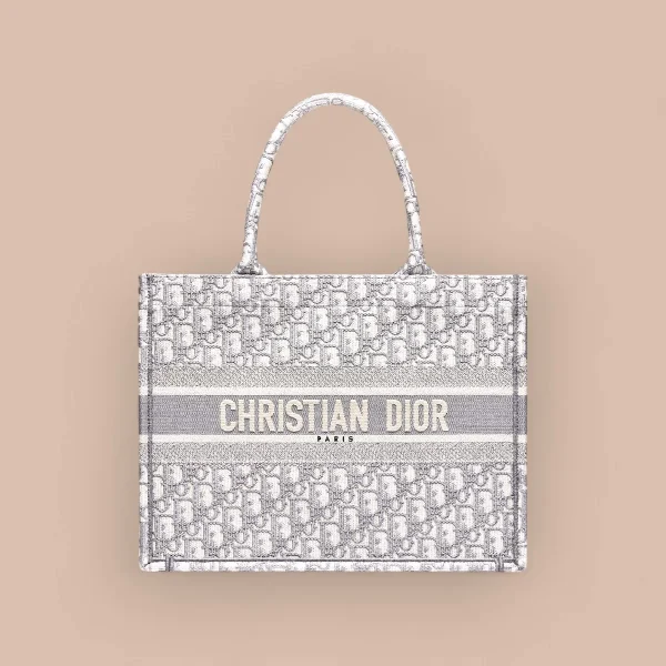 Dior Book Tote 米白色和灰色Dior Oblique 刺繡托特包