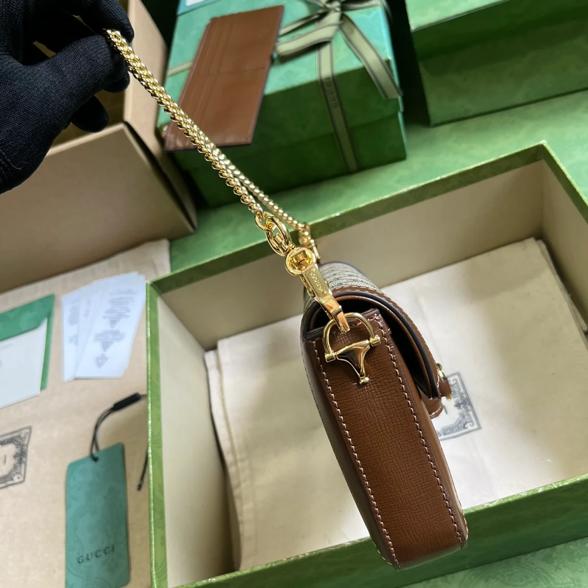 GUCCI GG Horsebit迷你米棕帆布斜挎包-752002 5 GUCCI GG Horsebit迷你米棕帆布斜挎包-752002