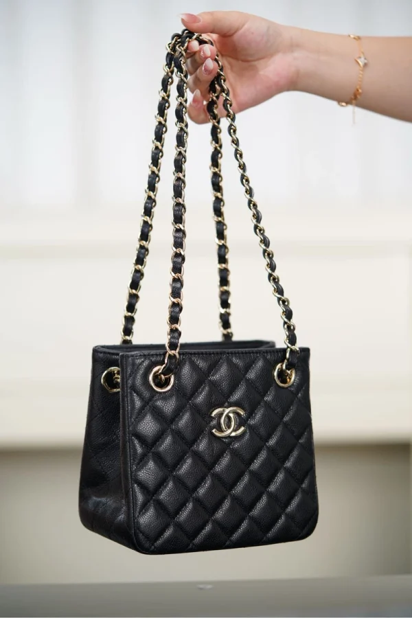 Chanel/香奈兒 25C Mini Tote 黑金荔枝牛皮款：圖片 14