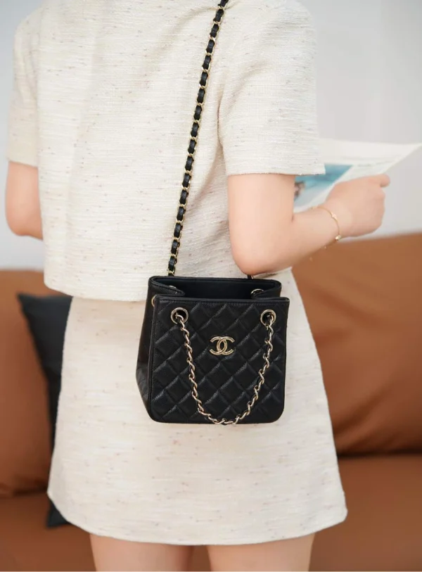 Chanel/香奈兒 25C Mini Tote 黑金荔枝牛皮款：圖片 5