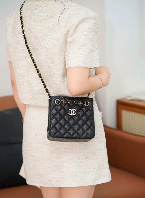 Chanel/香奈兒 25C Mini Tote 黑金荔枝牛皮款：圖片 8