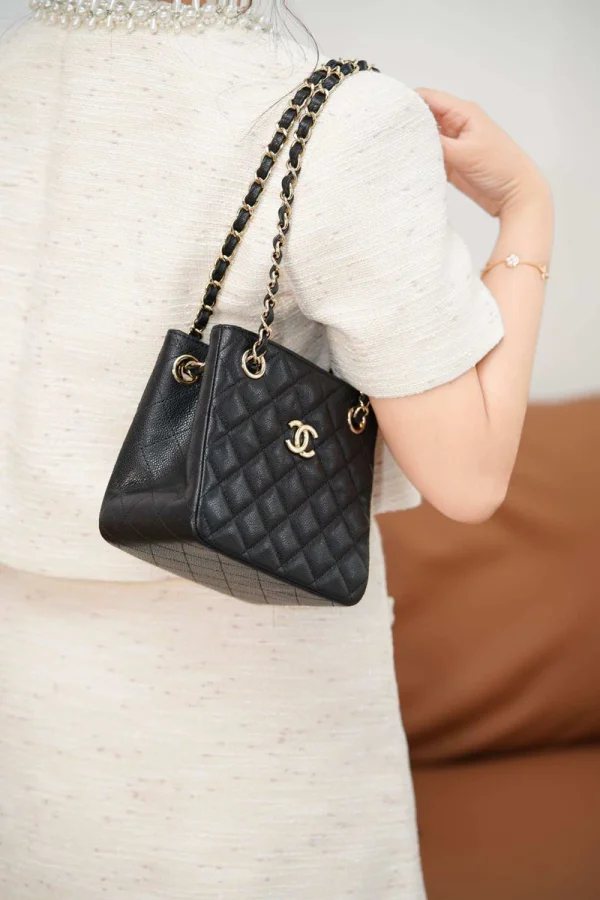 Chanel/香奈兒 25C Mini Tote 黑金荔枝牛皮款：圖片 9