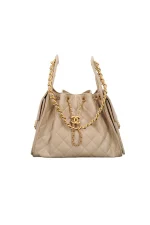 Chanel/香奈兒 25S Small Hobo 抽绳水桶包 杏色鱼子酱