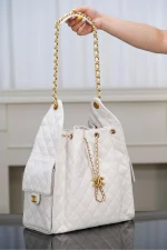 Chanel/香奈兒 25S Small Hobo 抽绳水桶包 白金色：圖片 14