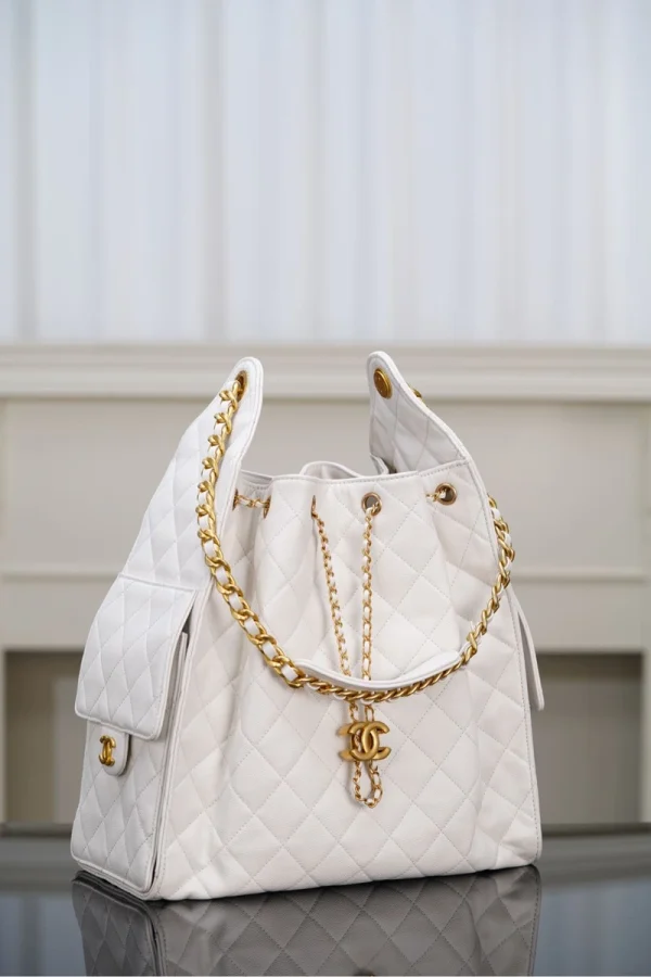 Chanel/香奈兒 25S Small Hobo 抽绳水桶包 白金色：圖片 16