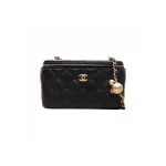 高仿香奈兒/Chanel Vanity Case 菱格紋黑色拉鏈鏈條化妝包