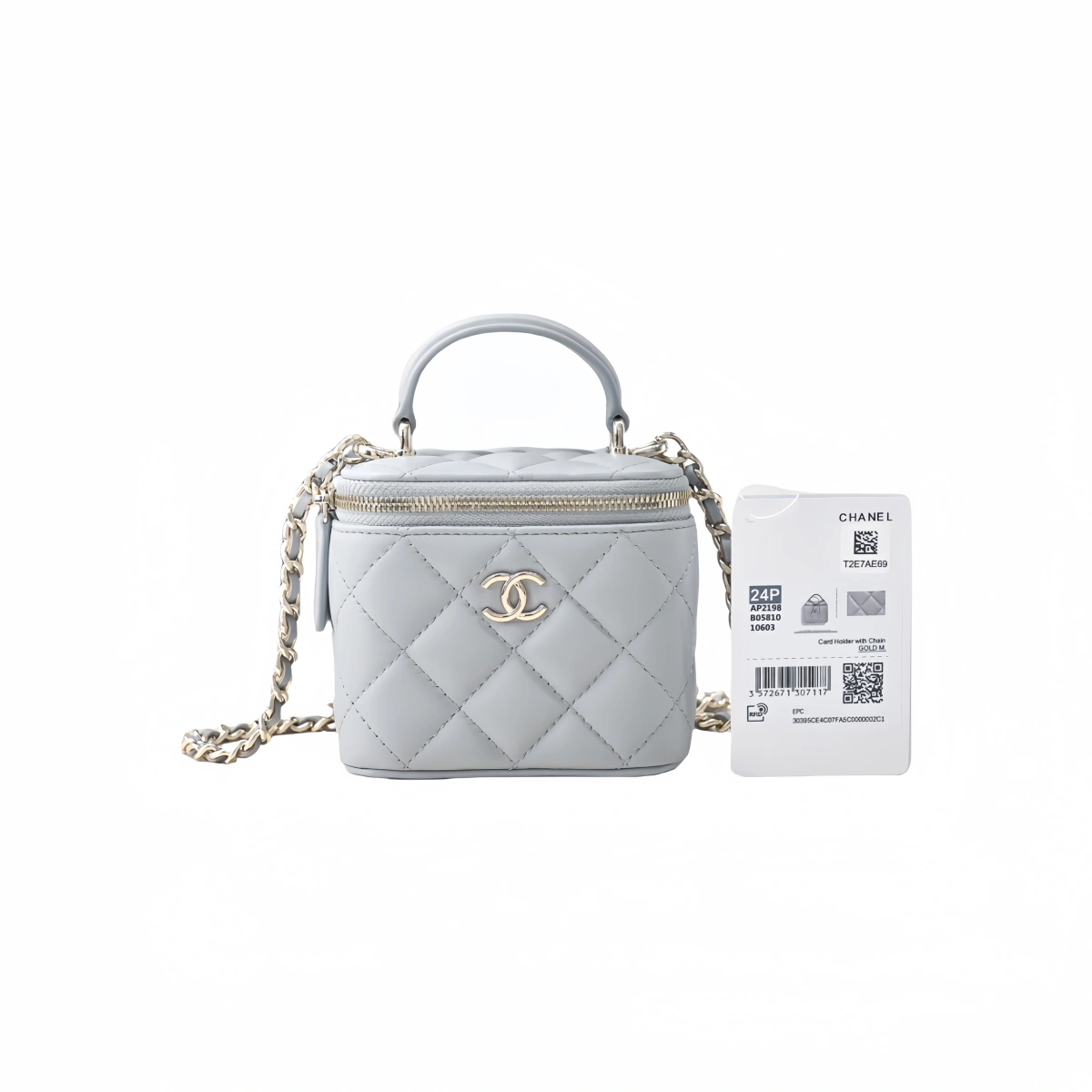 高仿香奈兒/Chanel 24P 早秋迷你菱格紋化妝包 淺灰色 1 高仿香奈兒/Chanel 24P 早秋迷你菱格紋化妝包 淺灰色