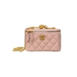 高仿香奈兒/Chanel Vanity Case 菱格紋鏈條盒子包 淺粉色