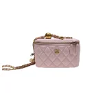 高仿香奈兒/Chanel Vanity Case with Chain菱格紋鏈條小方盒包 粉色