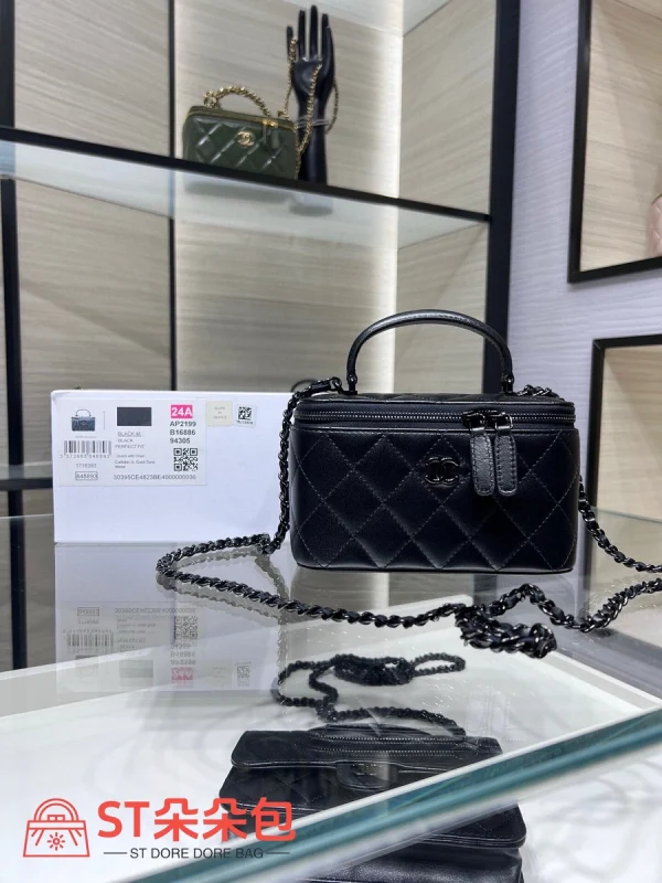 高仿香奈兒/Chanel Vanity Case黑色小型菱形格紋手提肩背包：圖片 2