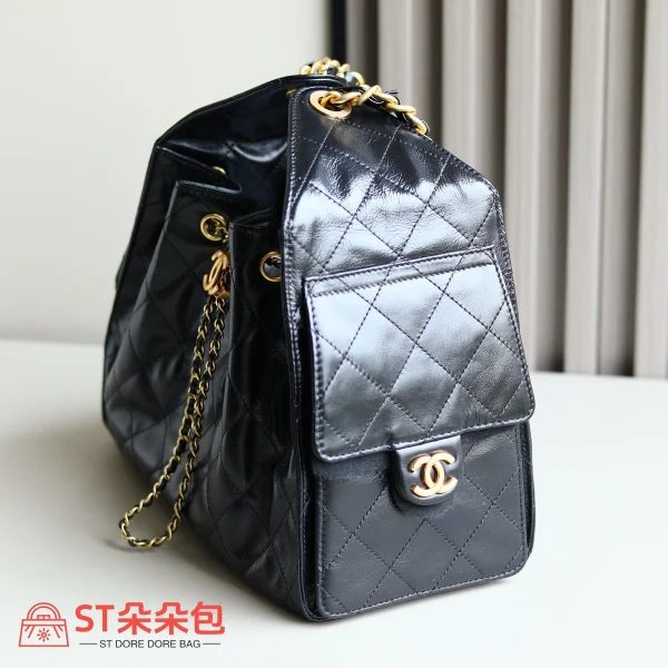 高仿香奈兒/CHANEL 25C Hobo 肩背包 黑金 Onda Verde小牛皮：圖片 5