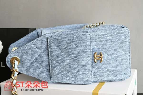 高仿香奈兒/Chanel Bucket系列牛仔布抽繩水桶包 淺藍色：圖片 5