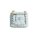 高仿香奈兒/Chanel Box Bag菱格紋鏈條斜挎化妝包 淺藍色