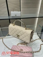 高仿香奈兒/Chanel WOC系列 米白色帶手柄菱格紋鏈條包：圖片 6