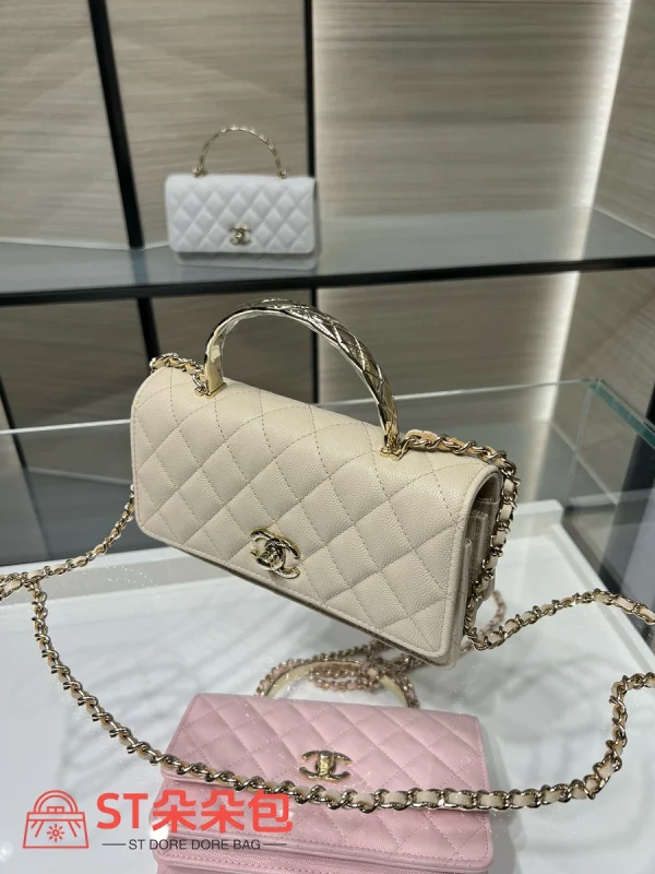 高仿香奈兒/Chanel WOC系列 米白色帶手柄菱格紋鏈條包：圖片 6