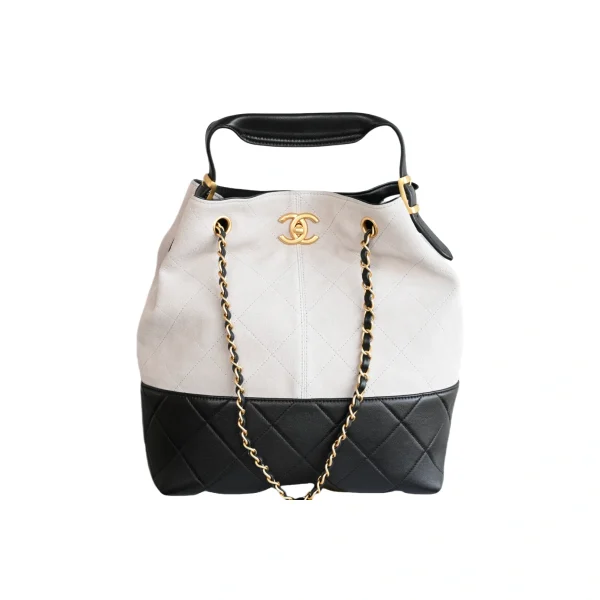 高仿香奈兒/Chanel Deauville Bucket Bag 米白色與黑色拼接