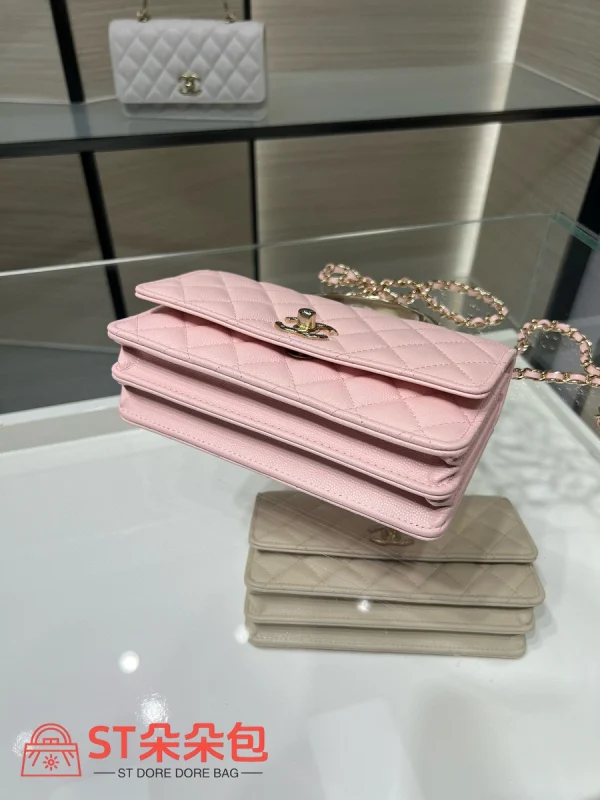 高仿香奈兒/Chanel WOC 帶金屬手柄鏈條錢包 粉色：圖片 5