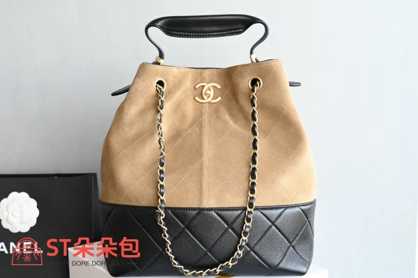 高仿香奈兒/Chanel Drawstring Bucket Bag 黑棕拼接水桶包：圖片 2