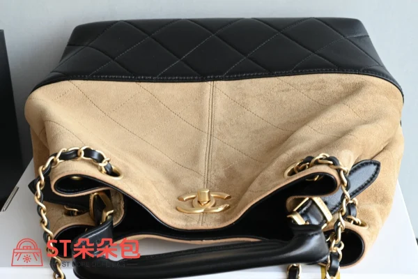 高仿香奈兒/Chanel Drawstring Bucket Bag 黑棕拼接水桶包：圖片 6