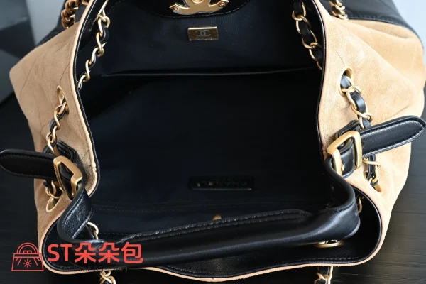 高仿香奈兒/Chanel Drawstring Bucket Bag 黑棕拼接水桶包：圖片 10