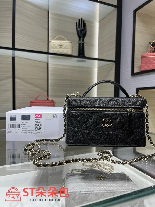 高仿香奈兒/Chanel Vanity Case系列 菱格紋雙拉鏈手柄包 黑色：圖片 2