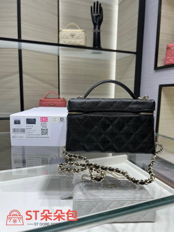 高仿香奈兒/Chanel Vanity Case系列 菱格紋雙拉鏈手柄包 黑色：圖片 3