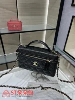 高仿香奈兒/Chanel Vanity Case系列 菱格紋雙拉鏈手柄包 黑色：圖片 4