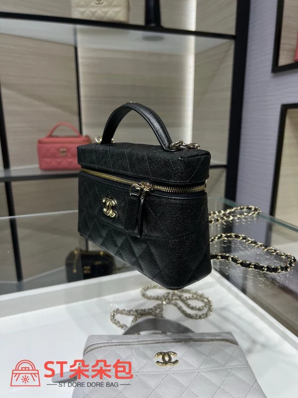 高仿香奈兒/Chanel Vanity Case系列 菱格紋雙拉鏈手柄包 黑色：圖片 7