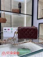 高仿香奈兒/Chanel Vanity Case 金屬球鏈條菱格紋酒紅色化妝包：圖片 3