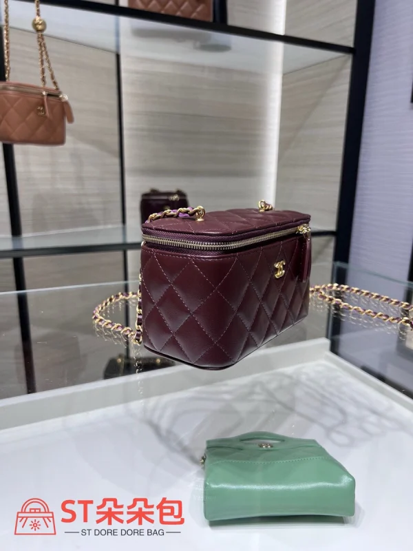 高仿香奈兒/Chanel Vanity Case 金屬球鏈條菱格紋酒紅色化妝包：圖片 6